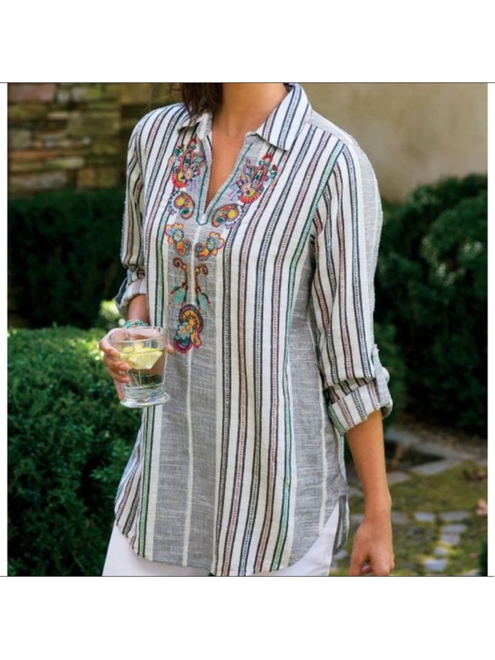 Soft Surroundings Embroidered Stripe Cotton Tunic Top Size Large Boho Lagenlook - Picture 4 of 16